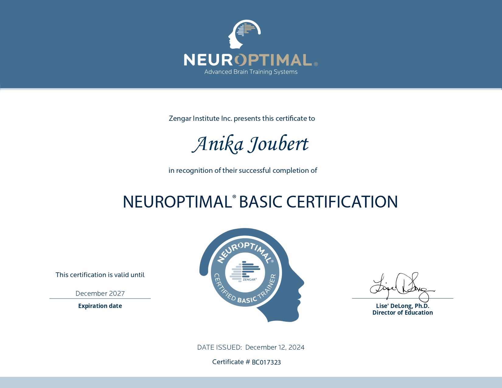 Certificat Neuroptimal Anika Joubert